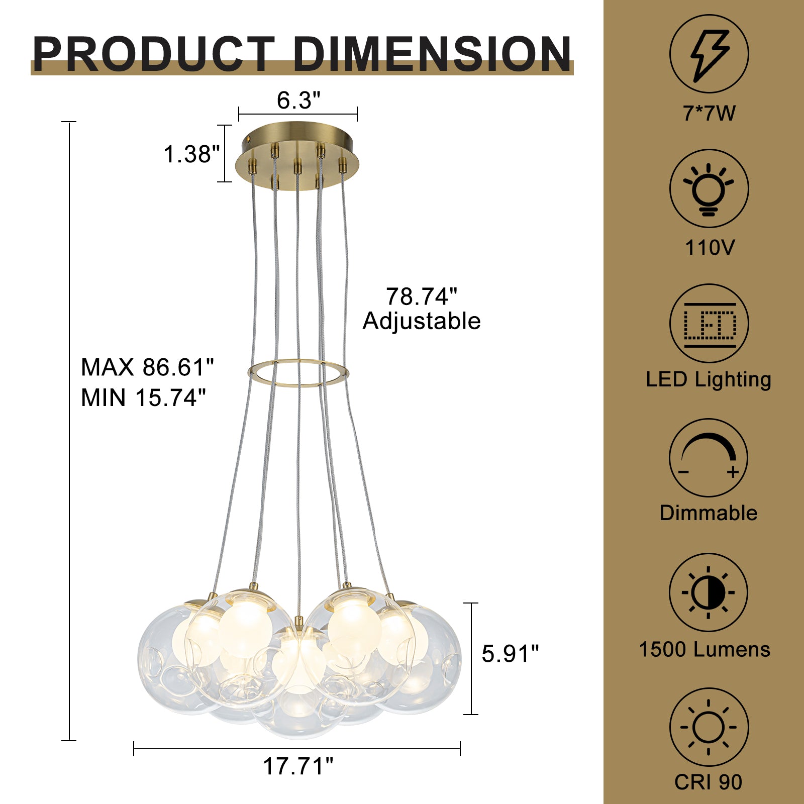 7-Light Modern Gold Sputnik Cluster LED Chandelier with Clear Globe Shades for Living Room