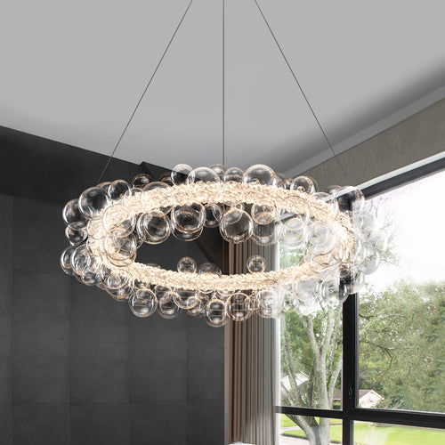 1-Light Gold Modern Round Globe Crystal Integrated LED Chandelier Dimmable Pendant Light with Glass Bubbles