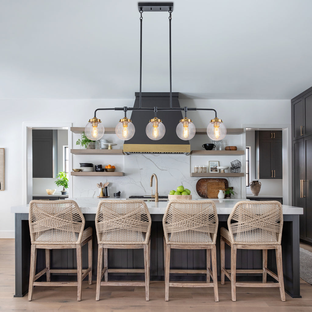 38 in. 5-Light Modern Matte Black Linear Pendant Light with Clear Globe Crackled Glass Shades Island Chandelier