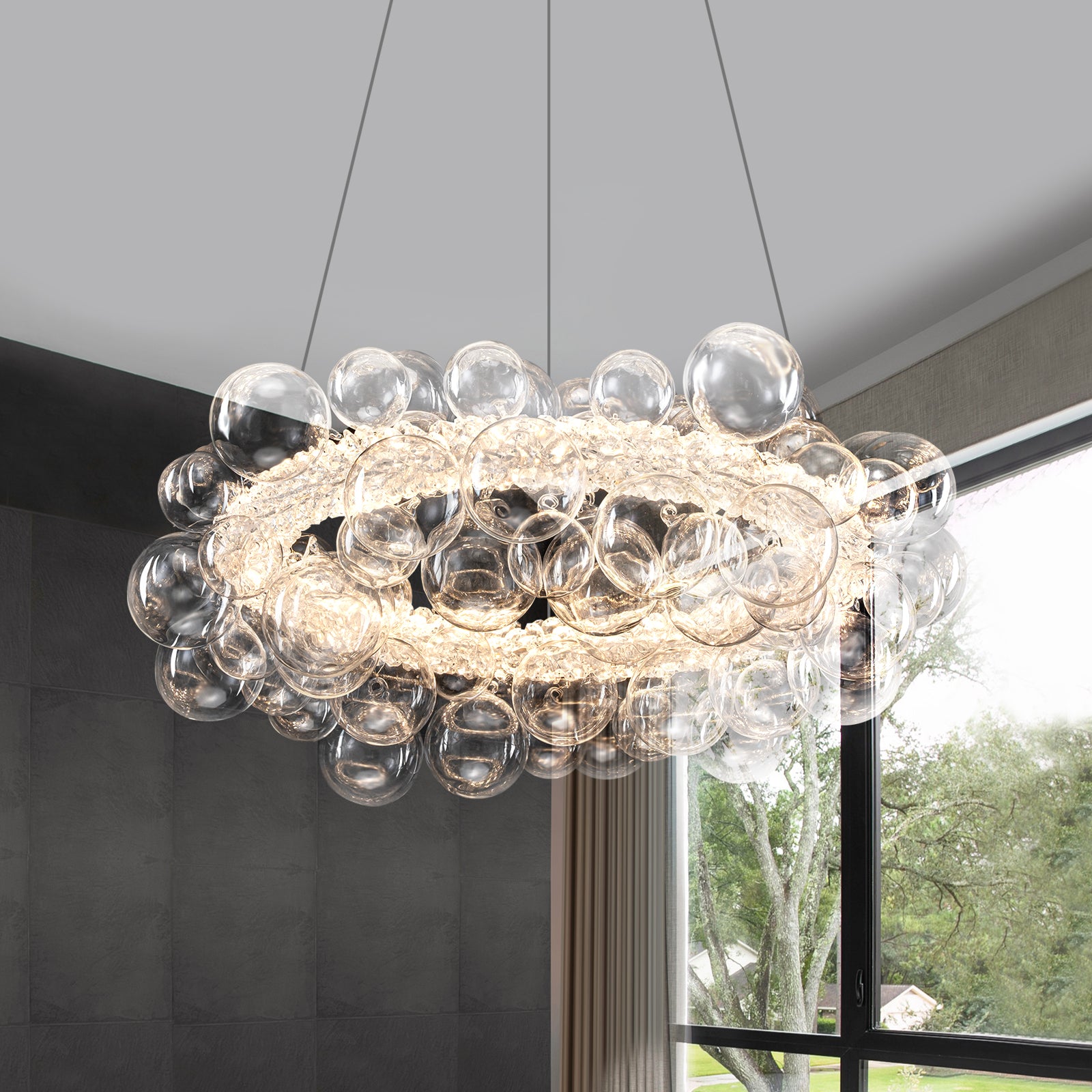 1-Light Gold Modern Round Globe Crystal Integrated LED Chandelier Dimmable Pendant Light with Glass Bubbles