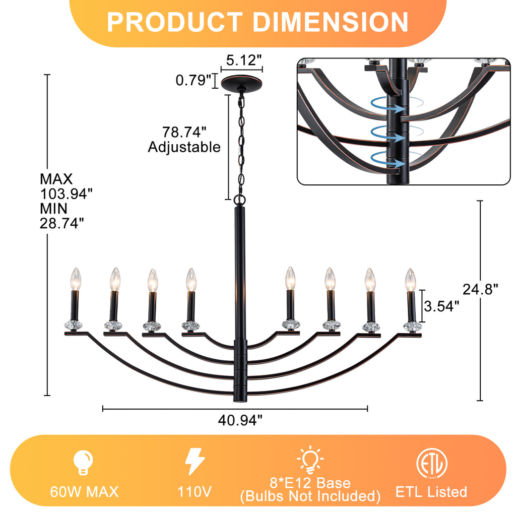 41 in. 8-Light Matte Black Traditional Candlestick Chandelier Modern Linear Candle Pendant Light