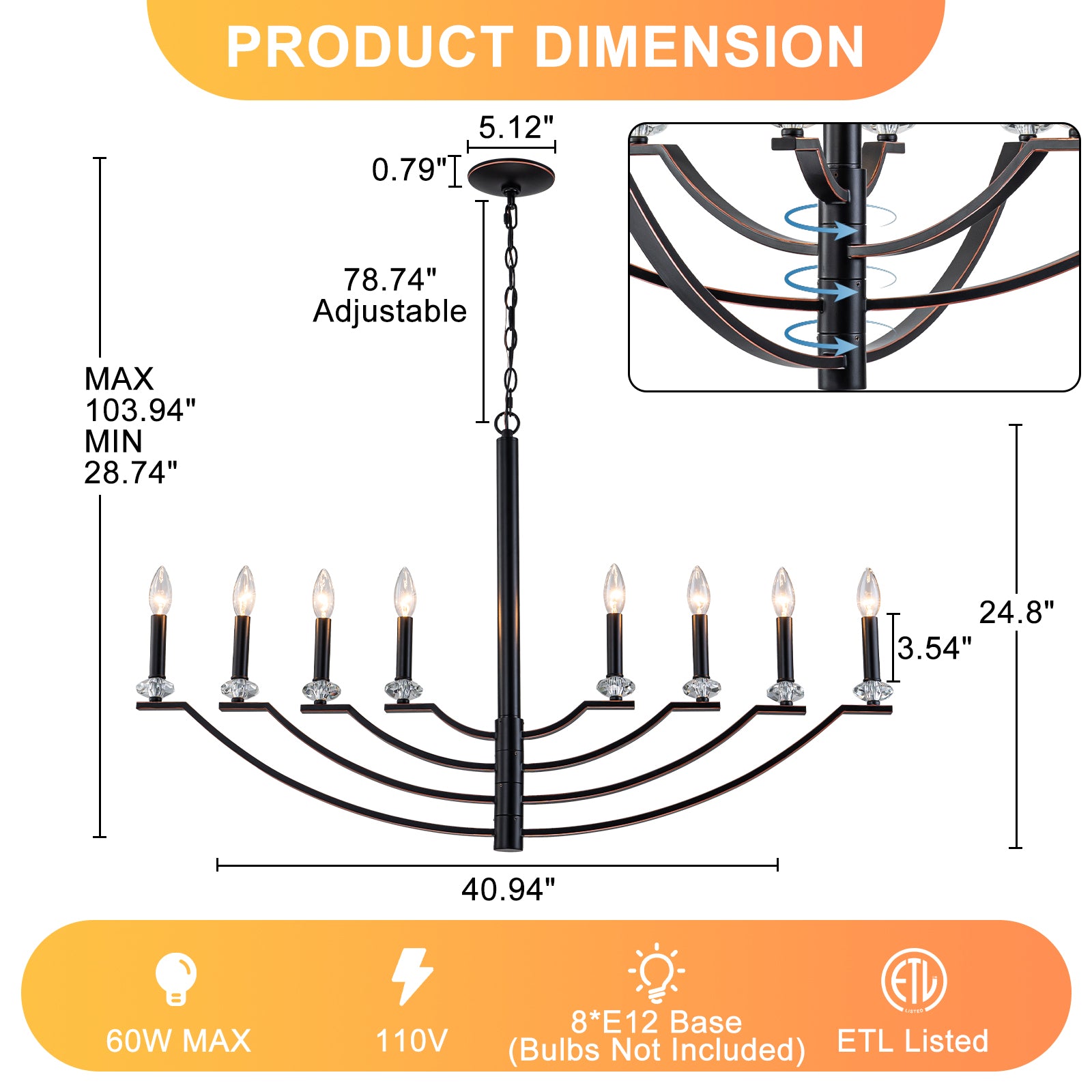 41 in. 8-Light Matte Black Traditional Candlestick Chandelier Modern Linear Candle Pendant Light