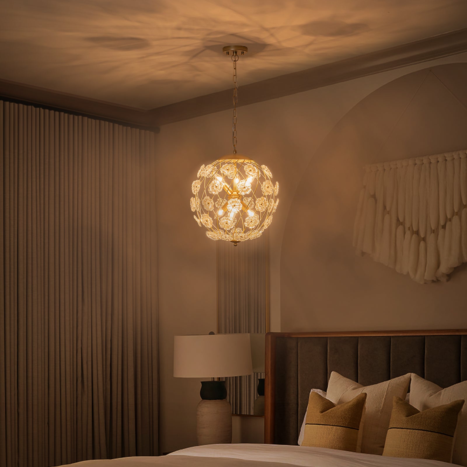 6-Light Modern Metal Gold Globe Cage Chandelier with Glass Flower Shade for Living Room, Dining, Bedroom