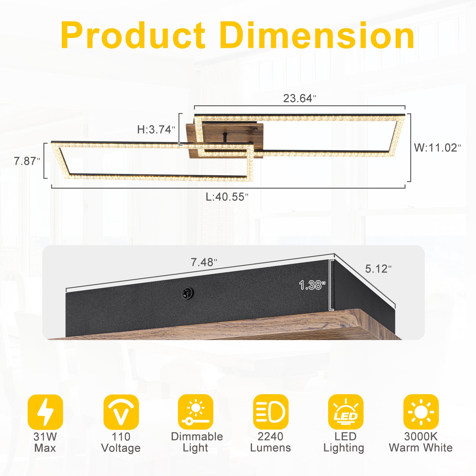 2-Light 40.55 in. Modern Black and Wood Dimmable Integrated LED Flush Mount Ceiling Light