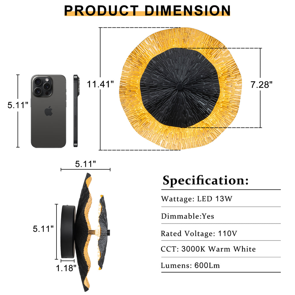 11.41 in. 13-Watt Matte Black and Gold Foil Round Dimmable Integrated LED Wall Sconce for Corridor
