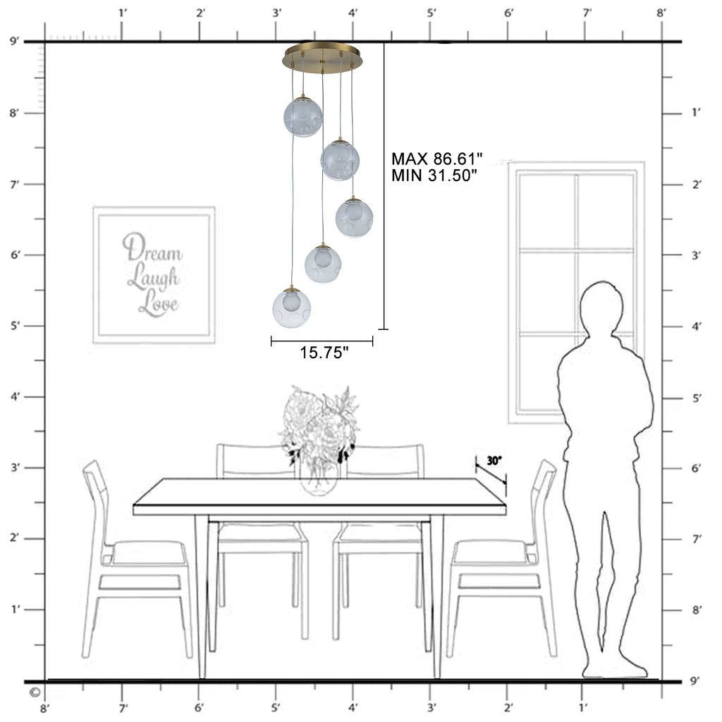 5-Light Modern Gold Metal LED Chandelier Pendant Light with Clear Globe Shades for Entryway, Living Room