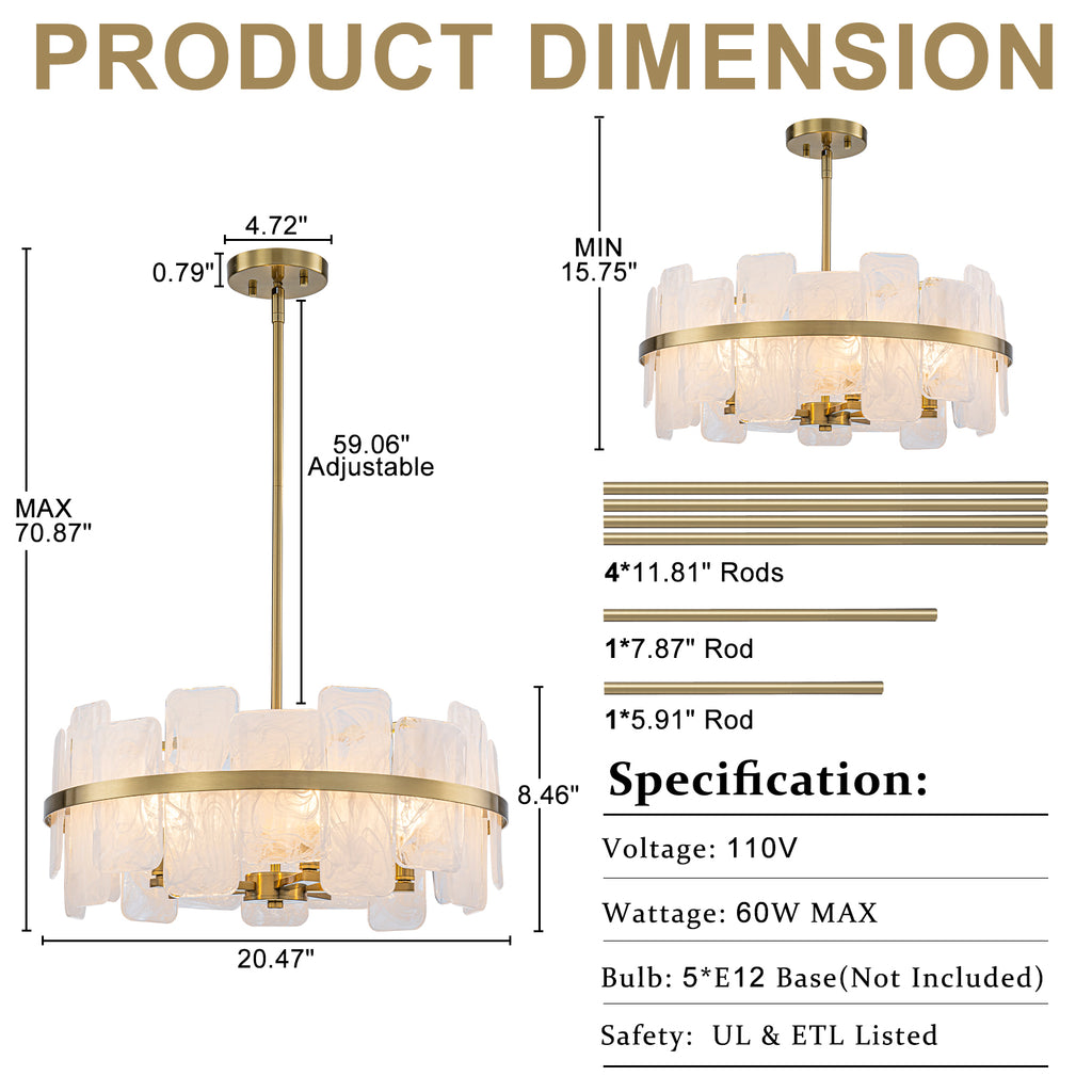 20.47 in. 5-Lights Modern Brass Metal Round Chandelier with Cloud Texture Glass for Dining Room