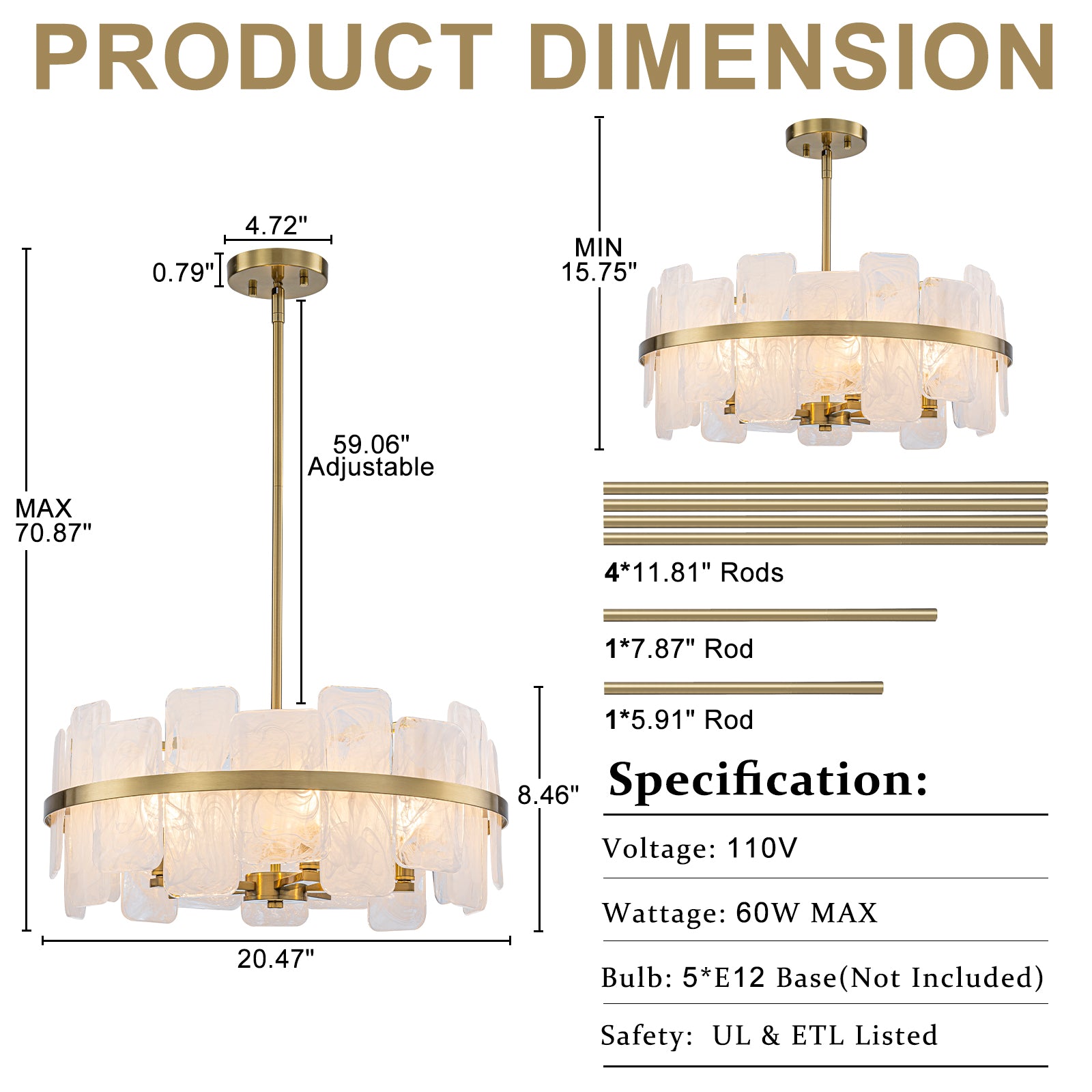 20.47 in. 5-Lights Modern Brass Metal Round Chandelier with Cloud Texture Glass for Dining Room