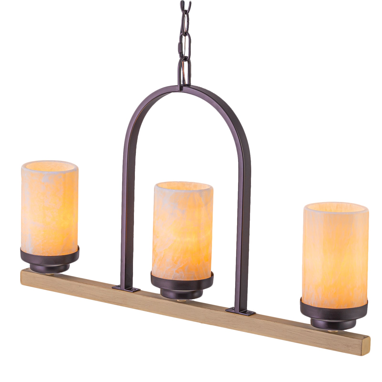 25 in. 3-Light Rustic Industrial Onyx Pendant Light w/Faux Wood Accent & U-Shaped Iron Frame