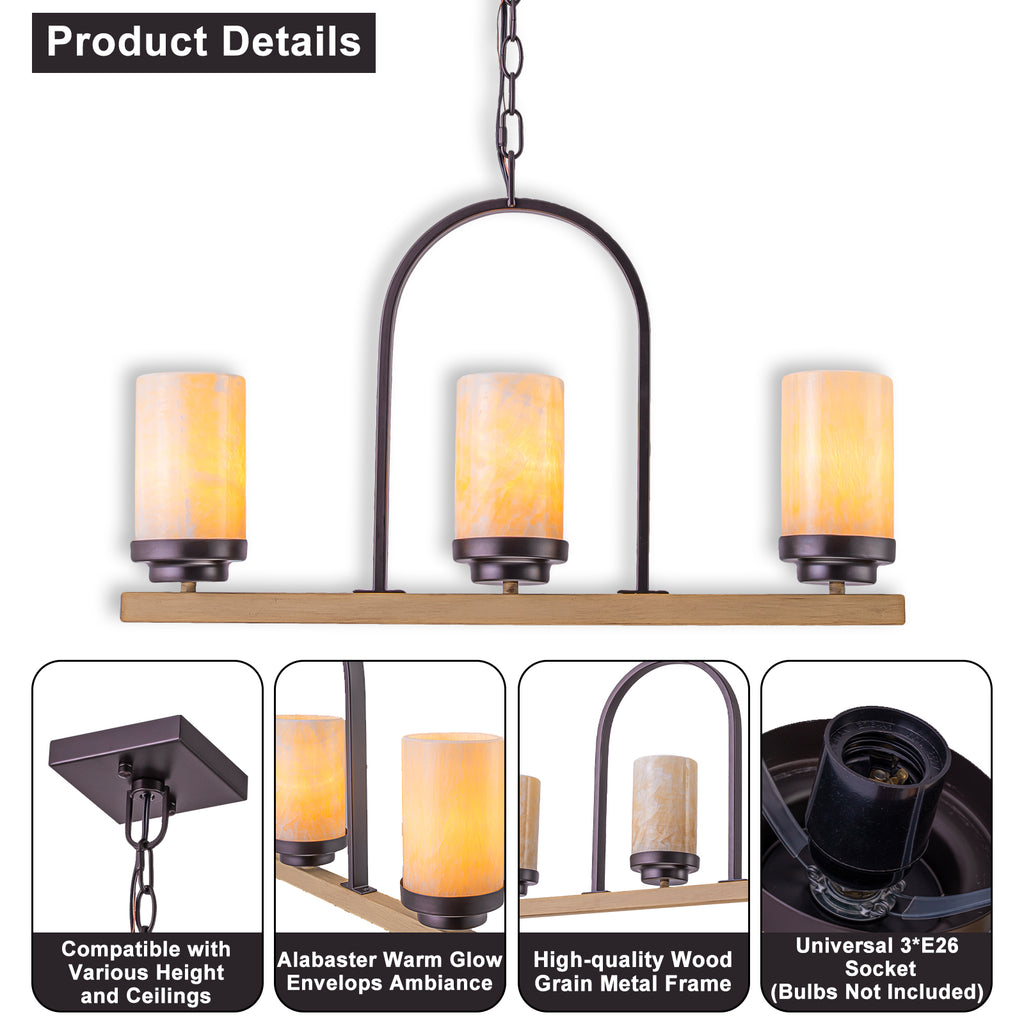 25 in. 3-Light Rustic Industrial Onyx Pendant Light w/Faux Wood Accent & U-Shaped Iron Frame