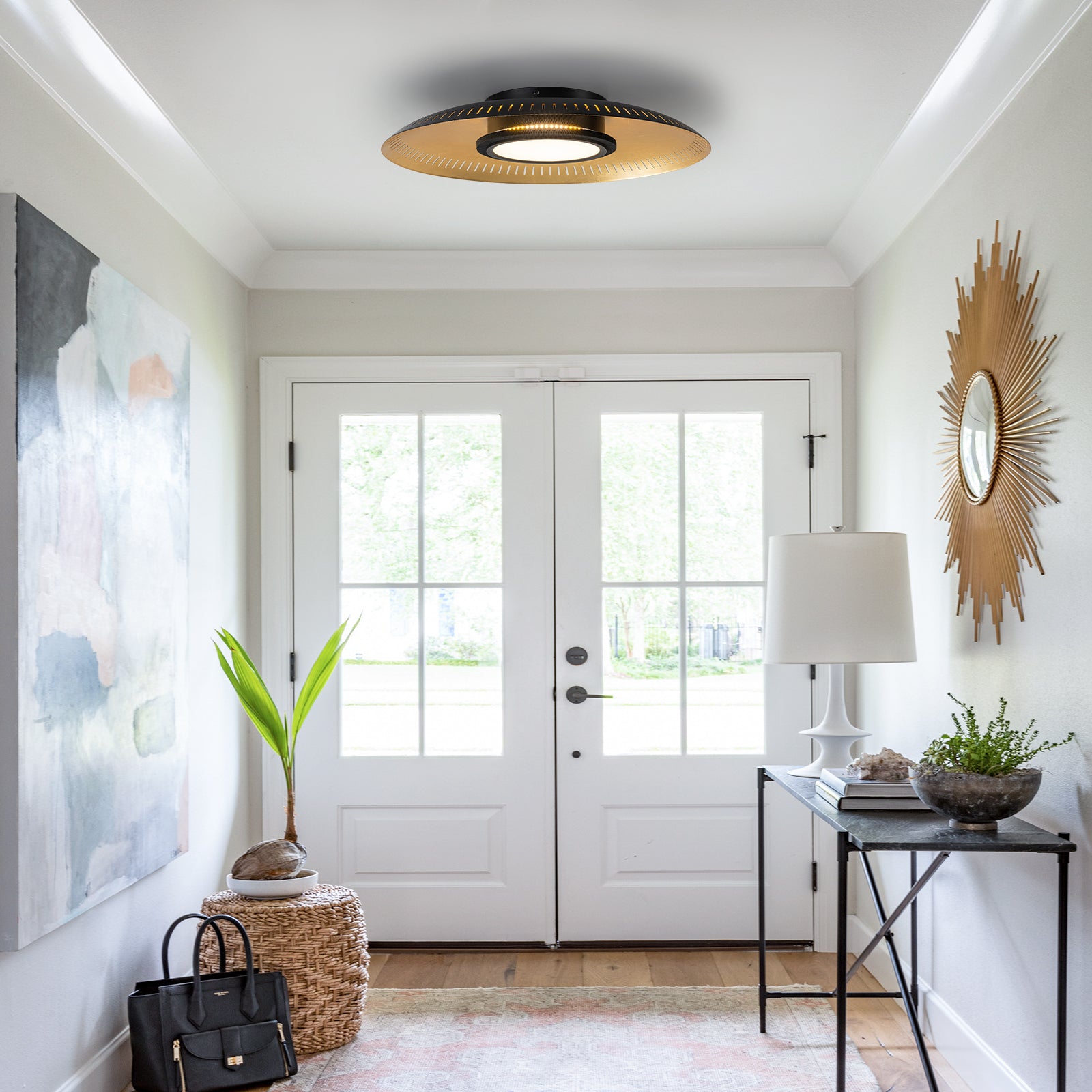 22.8 in. 1-Light Modern Industrial Black Dimmable LED Flush Mount Ceiling Light with Metal Dome Shade