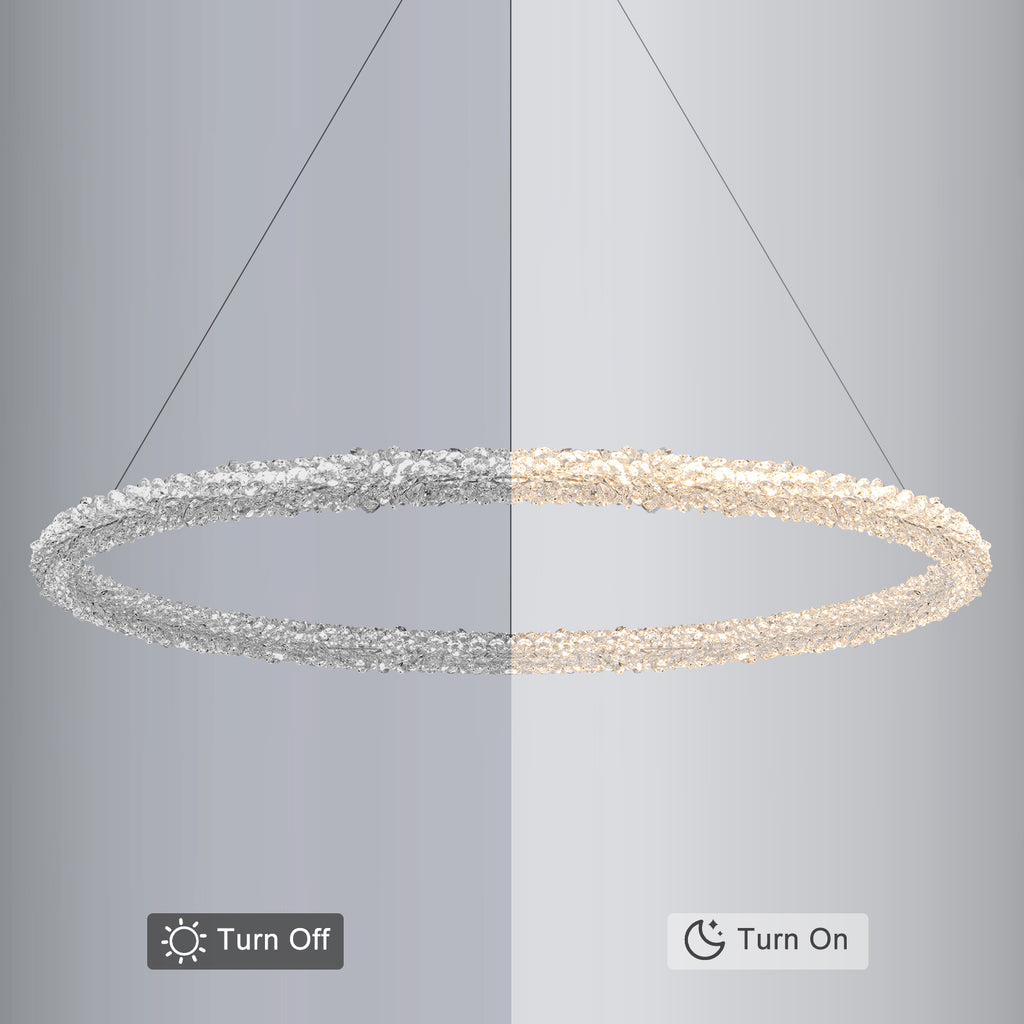 1-Light Modern Gold Metal Ring Crystal Integrated LED Pendant Light Dimmable Chandelier for Dining Room