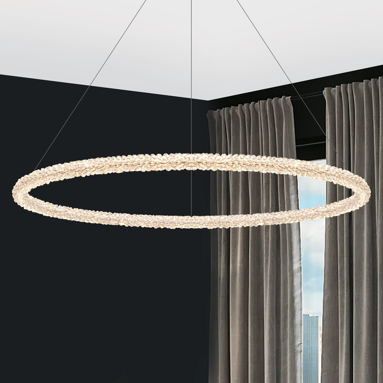 1-Light Modern Gold Metal Ring Crystal Integrated LED Pendant Light Dimmable Chandelier for Dining Room