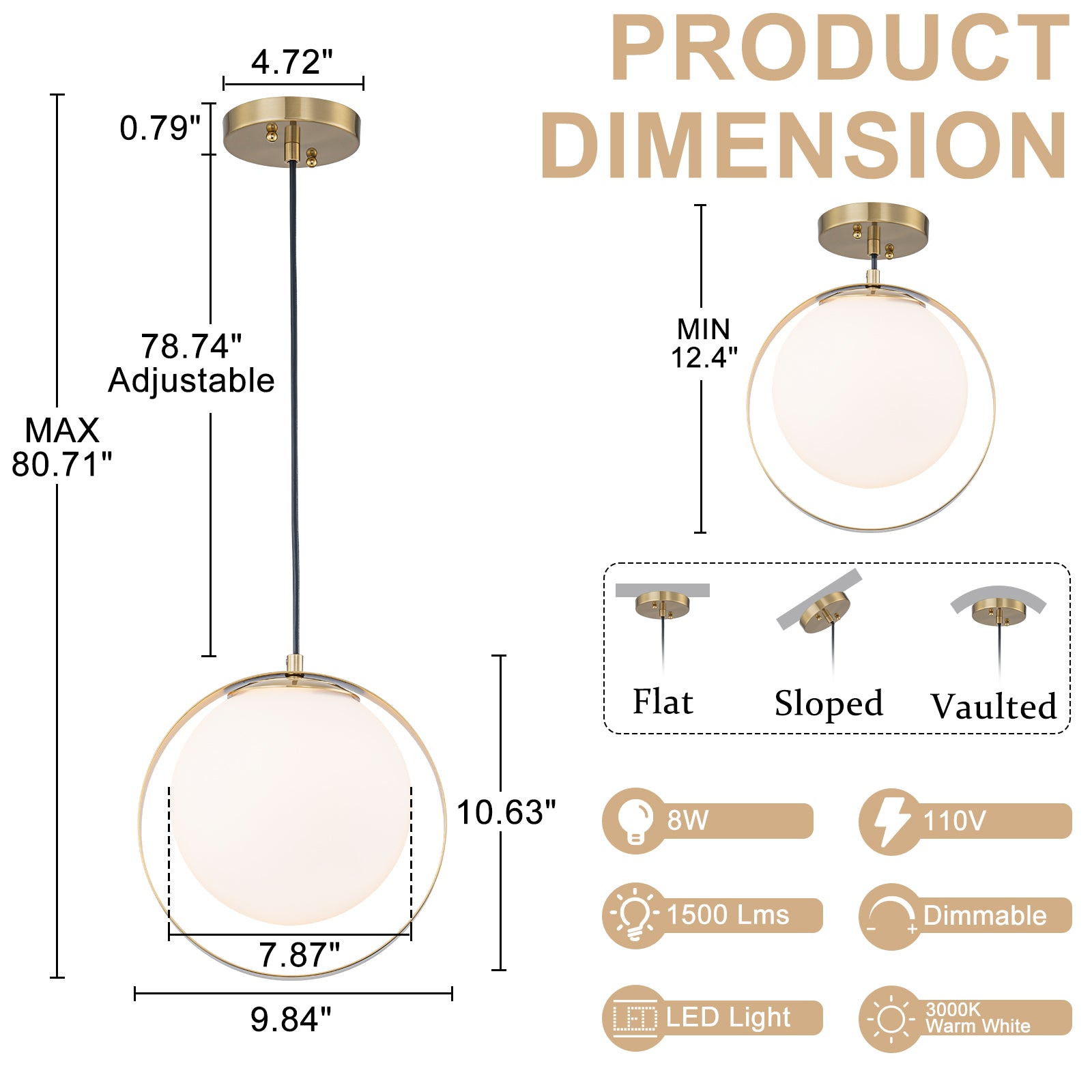 9.84 in. 8-Watt 1-Light Modern Mid-Century Brass Ring LED Pendant Light with White Globe Glass Shade