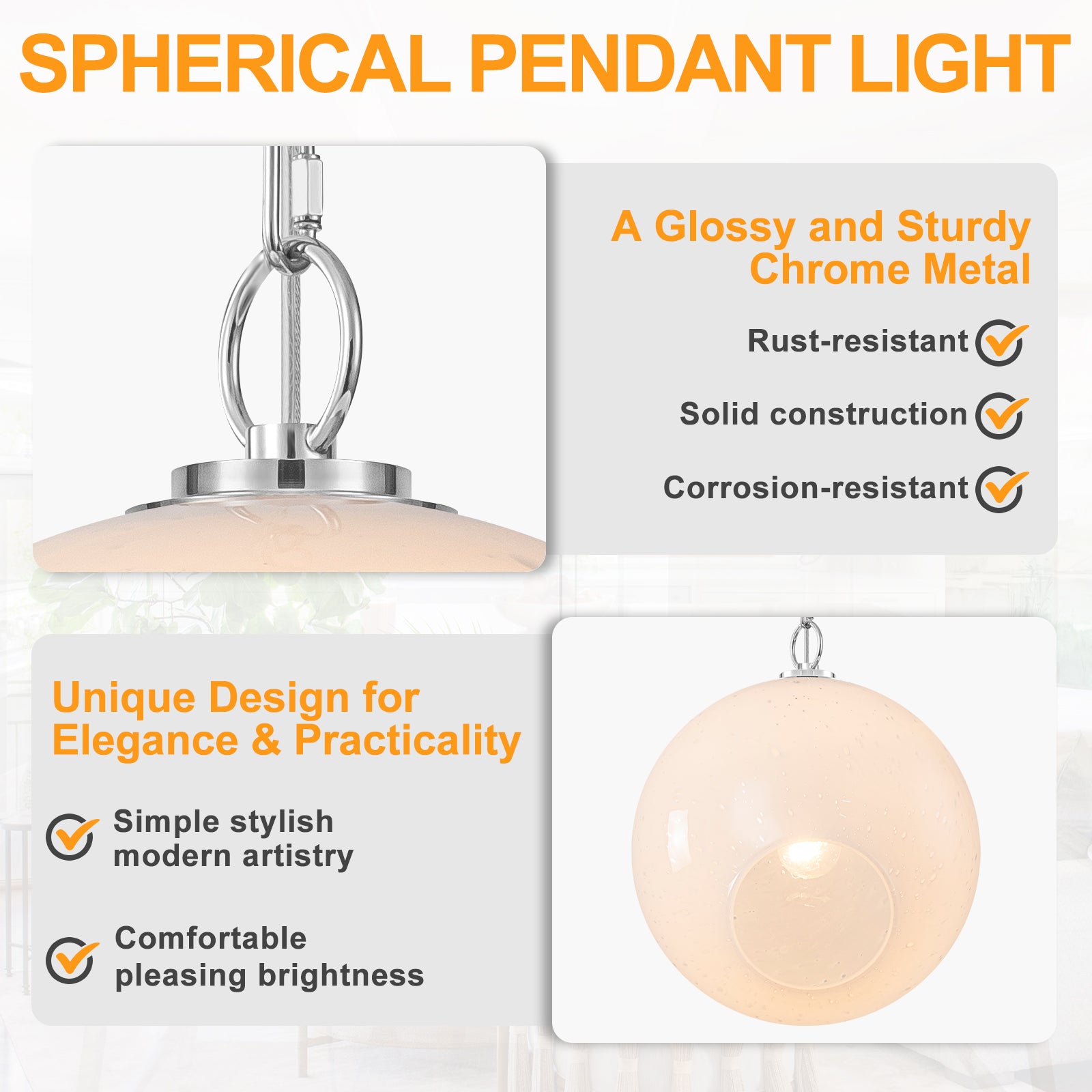 Chrome Modern Globe Hanging Pendant Light with White Bubble Glass Shade for Kitchen Island, Dining