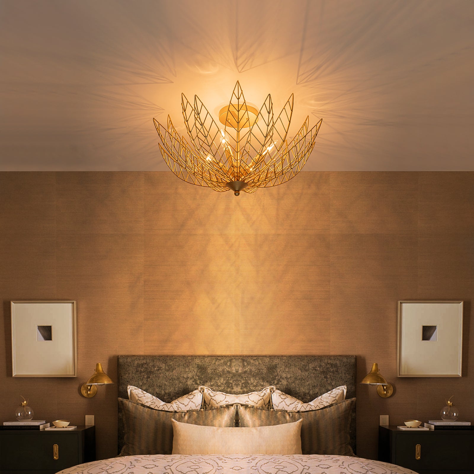 26 in. 4-Light Modern Luxury Gold Bowl Semi-Flush Mount Ceiling Light with Metal Leaf Shade