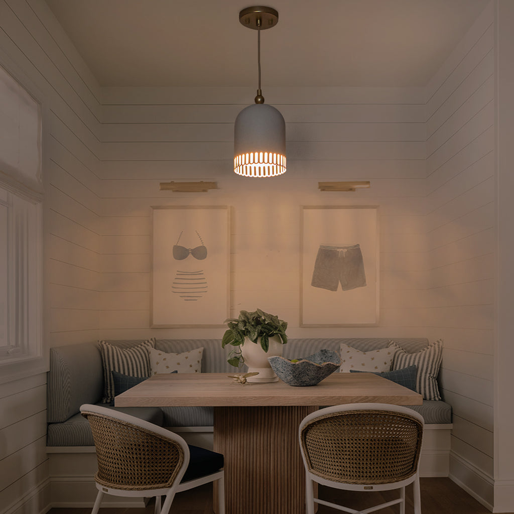1-Light Gold Iron Semi-Domed Shape Pendant Light with Matte White Metal Shade Hollow Out Design for Living Room