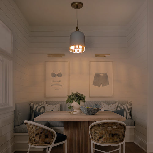 1-Light Gold Iron Semi-Domed Shape Pendant Light with Matte White Metal Shade Hollow Out Design for Living Room
