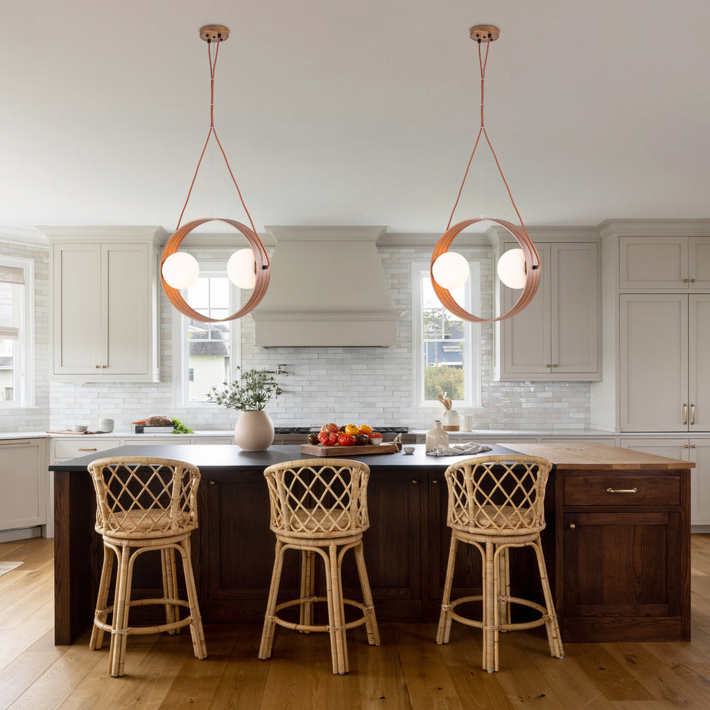 20 in. 2-Light Modern Walnut Oval Pendant Light with White Globe Glass Shades for Dining Room, Kitchen Island