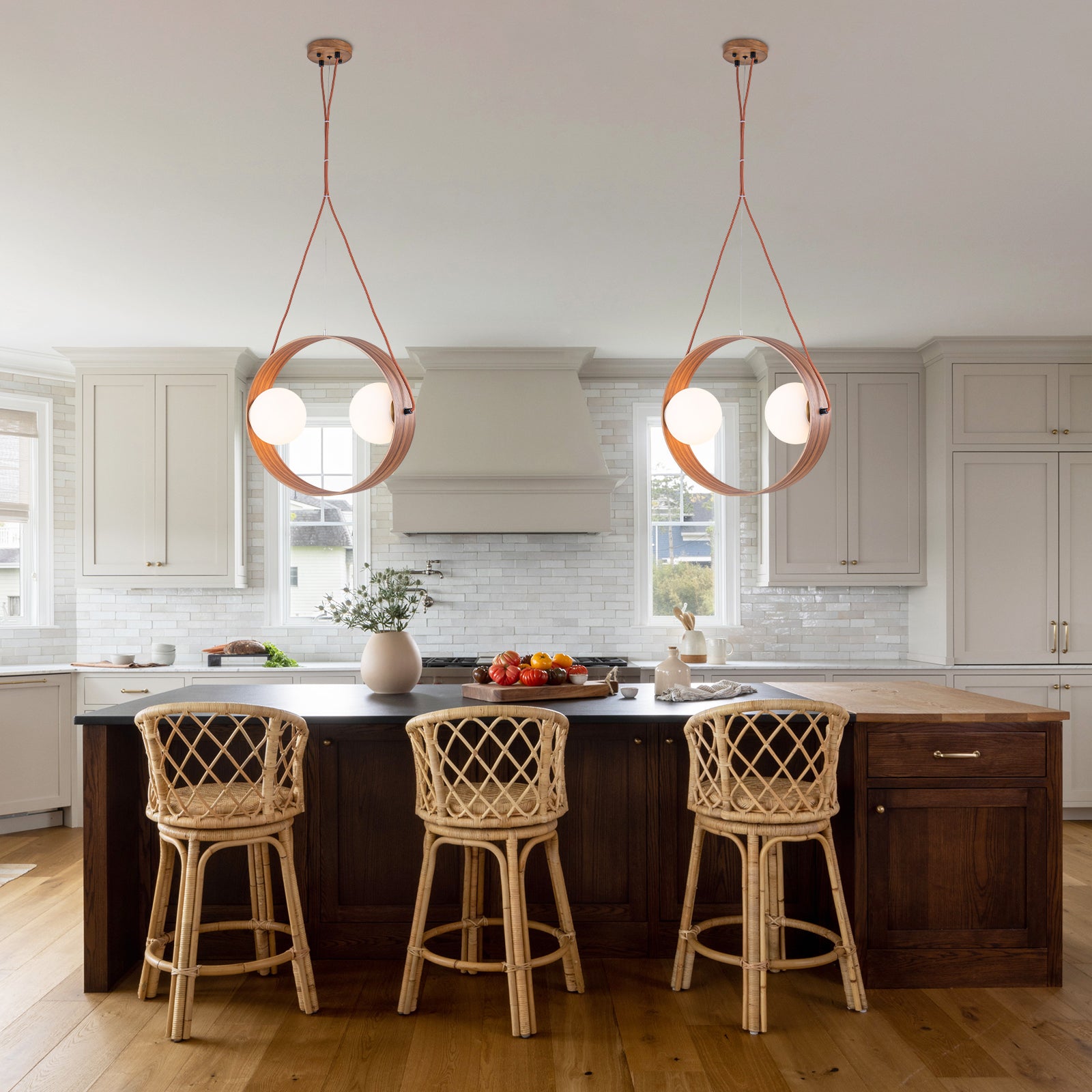 20 in. 2-Light Modern Walnut Oval Pendant Light with White Globe Glass Shades for Dining Room, Kitchen Island