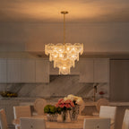 24 in. 13-Light Modern Gold Square Tiered Chandelier with Textured Clear Glass Petal Shades for Living Room