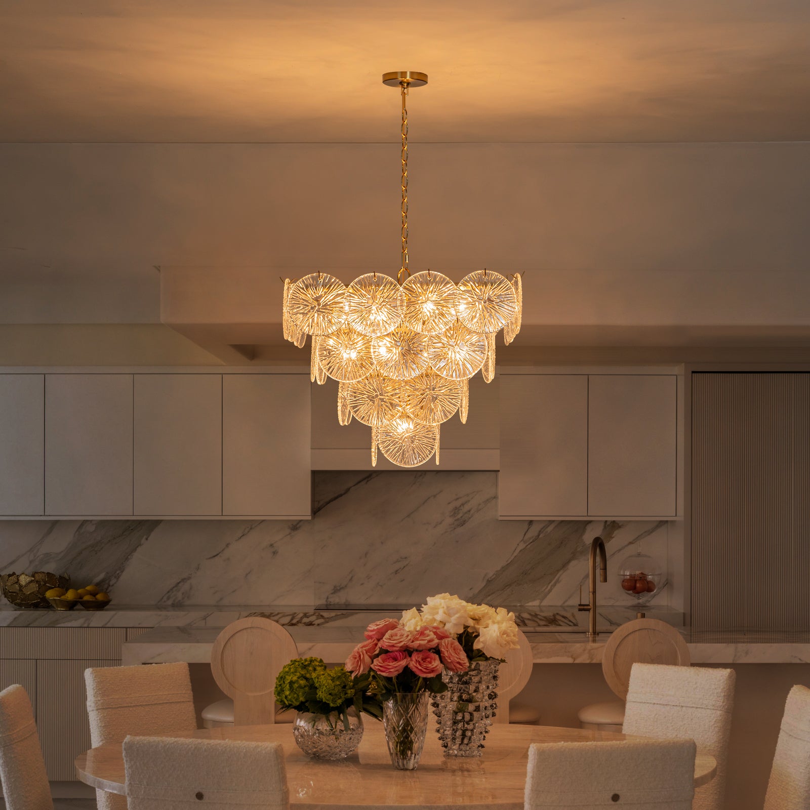 24 in. 13-Light Modern Gold Square Tiered Chandelier with Textured Clear Glass Petal Shades for Living Room