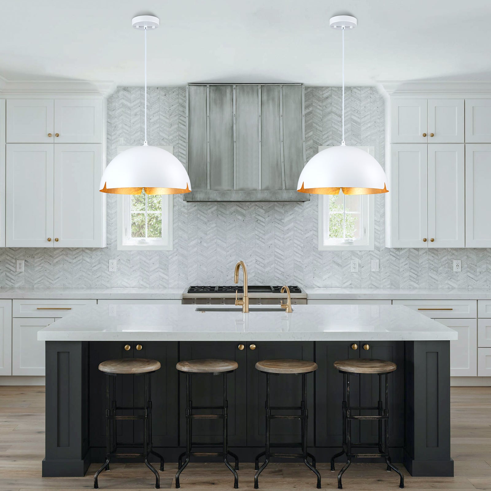 14.96 in. 1-Light Industrial Metal Black/White Dome Pendant Light with Iron Shade for Dining Rooms, Kitchens
