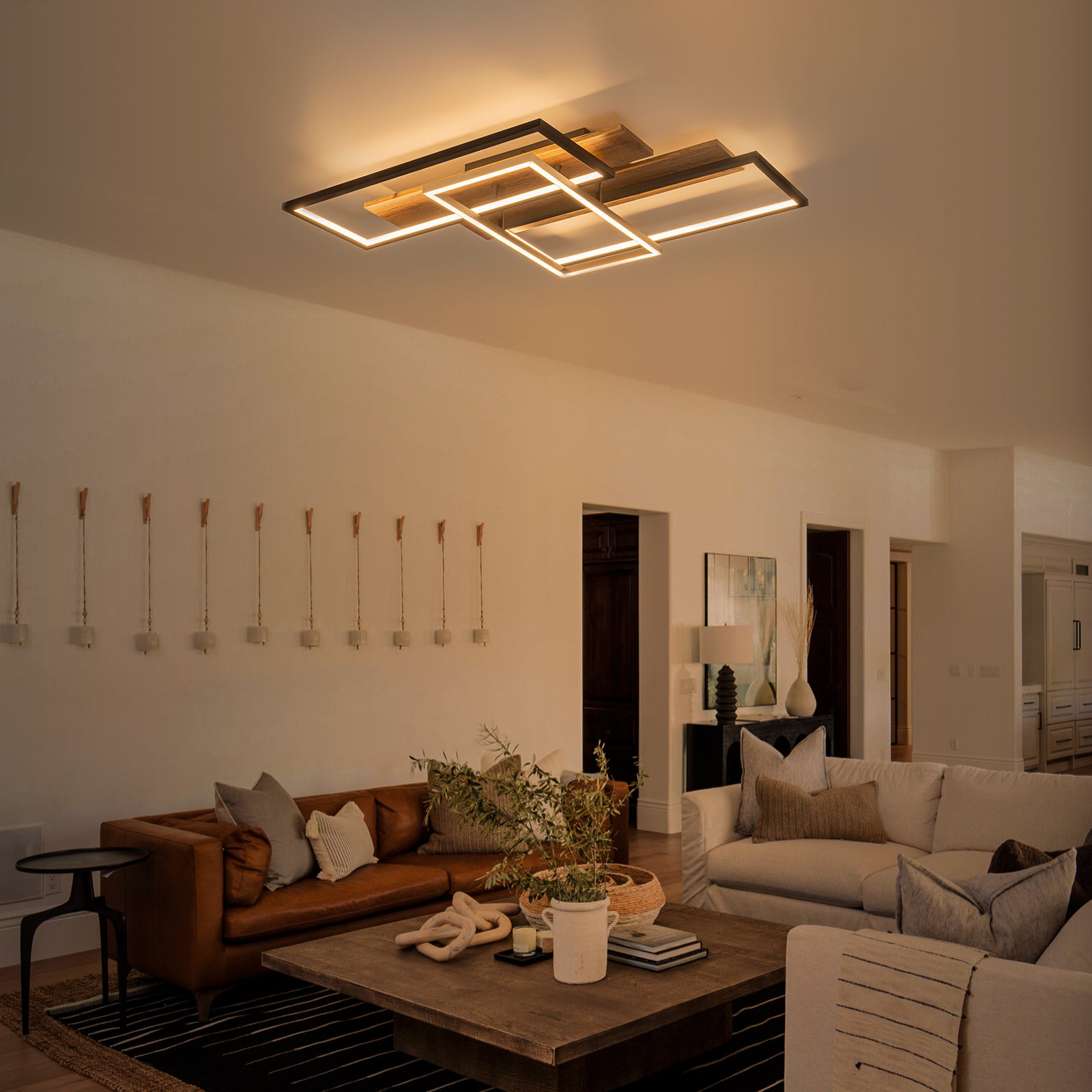 3-Light 26.77 in. Modern Black and Wood Dimmable Integrated LED Flush Mount Ceiling Light