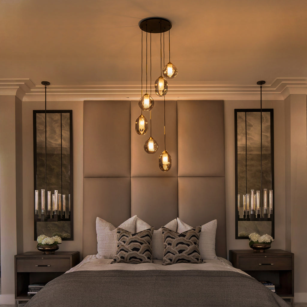 16 in. 6-Light Modern Black Staircase Chandelier Island Pendant Light with Smoky Gray Globe Glass Shade