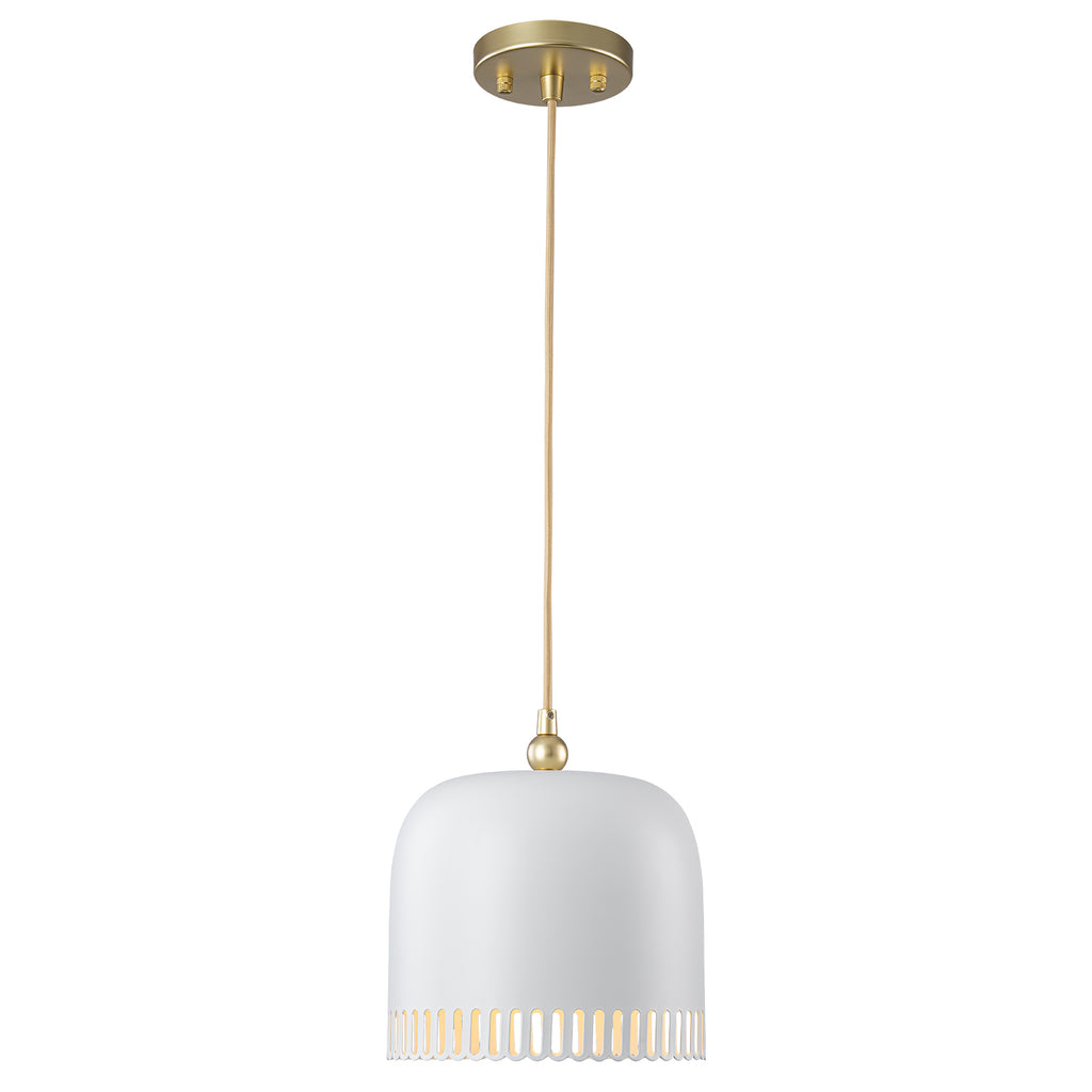 1-Light Gold Iron Semi-Domed Shape Pendant Light with Matte White Metal Shade Hollow Out Design for Living Room