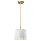 1-Light Gold Iron Semi-Domed Shape Pendant Light with Matte White Metal Shade Hollow Out Design for Living Room