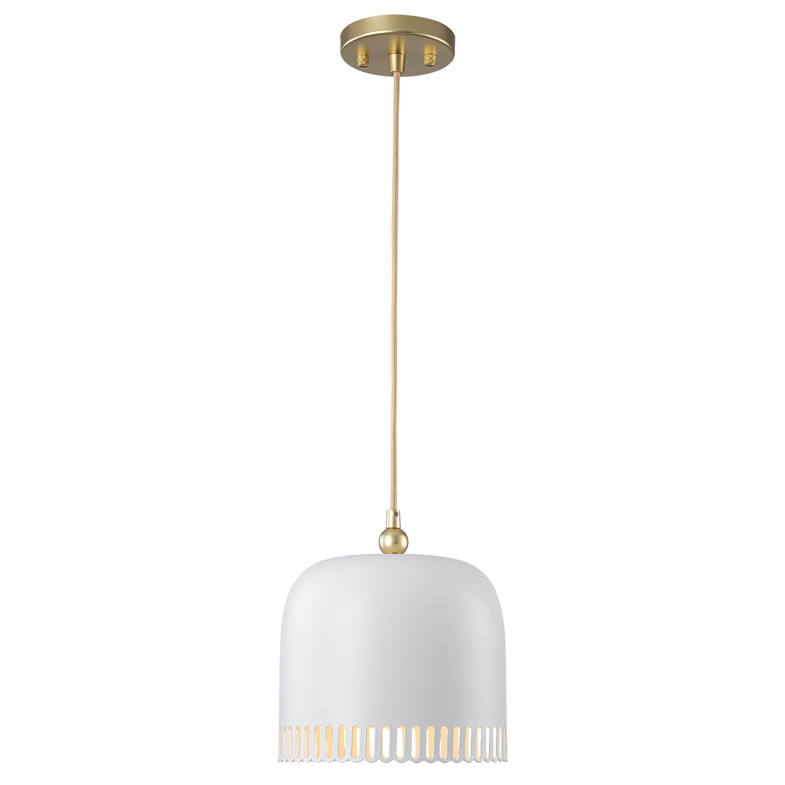 1-Light Gold Iron Semi-Domed Shape Pendant Light with Matte White Metal Shade Hollow Out Design for Living Room
