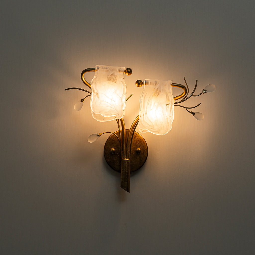16.14 in. 2-Light Antique Gold Wall Sconce with Clouded Glass Shade, Bedroom Living Room Wall Light