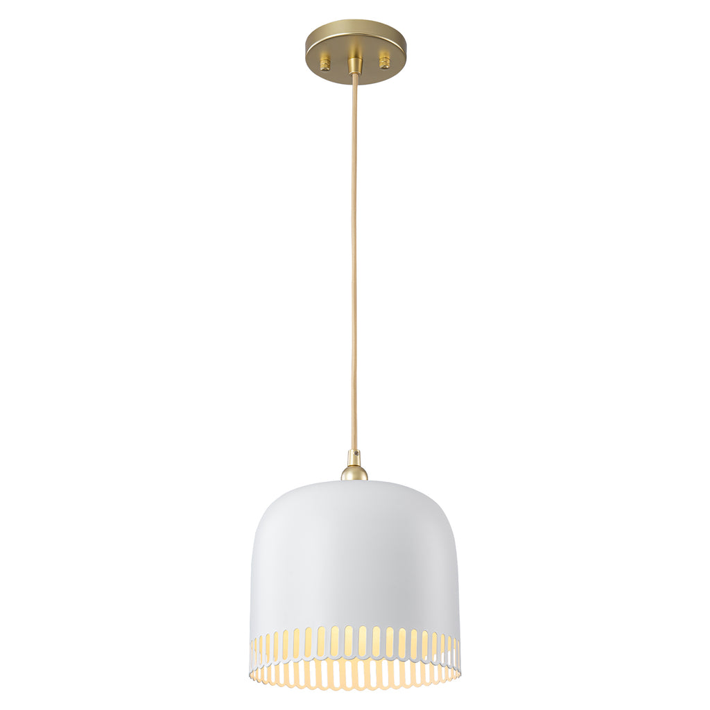 1-Light Gold Iron Semi-Domed Shape Pendant Light with Matte White Metal Shade Hollow Out Design for Living Room