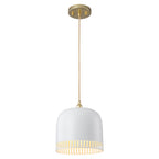 1-Light Gold Iron Semi-Domed Shape Pendant Light with Matte White Metal Shade Hollow Out Design for Living Room