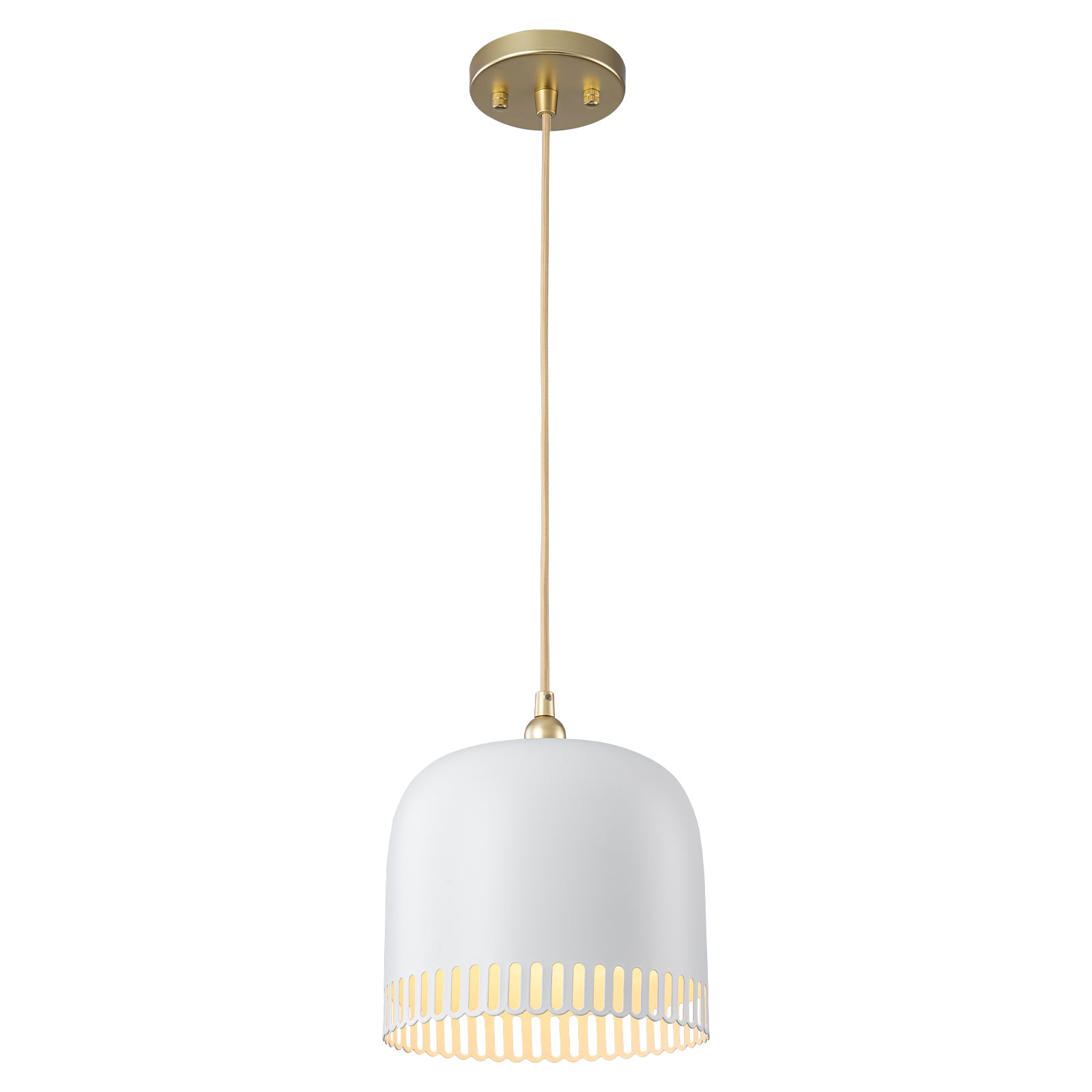 1-Light Gold Iron Semi-Domed Shape Pendant Light with Matte White Metal Shade Hollow Out Design for Living Room