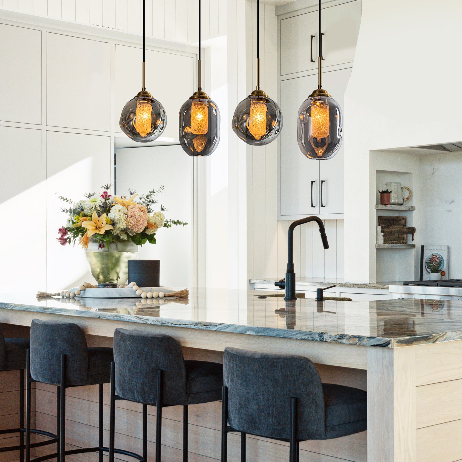 38.6 in. 4-Light Modern Black Linear Pendant Light with 2-Tier Glass Shades for Kitchen Island