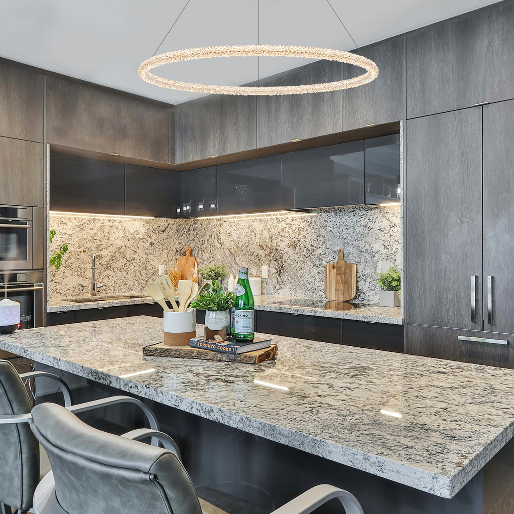 1-Light Modern Gold Metal Ring Crystal Integrated LED Pendant Light Dimmable Chandelier for Dining Room