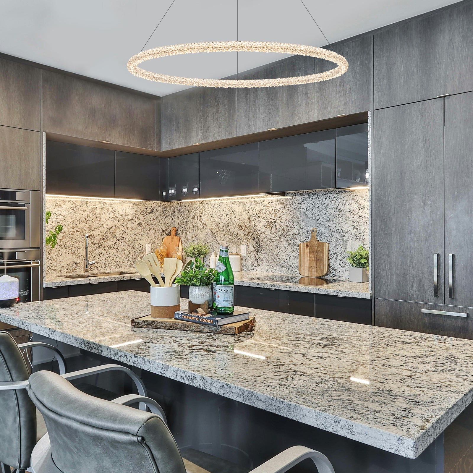 1-Light Modern Gold Metal Ring Crystal Integrated LED Pendant Light Dimmable Chandelier for Dining Room
