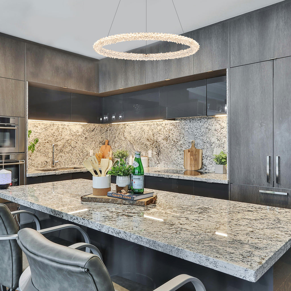 1-Light Modern Gold Metal Ring Crystal Integrated LED Pendant Light Dimmable Chandelier for Dining Room