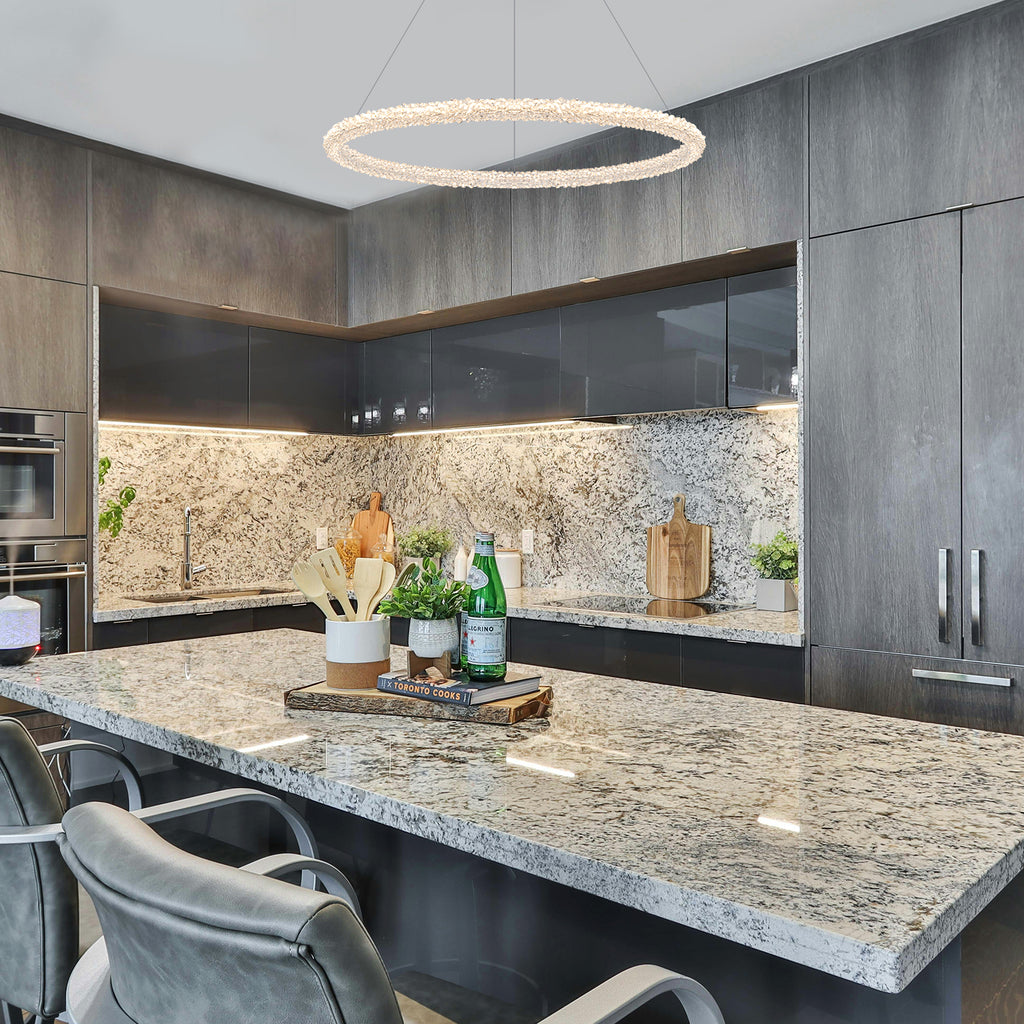1-Light Modern Gold Metal Ring Crystal Integrated LED Pendant Light Dimmable Chandelier for Dining Room