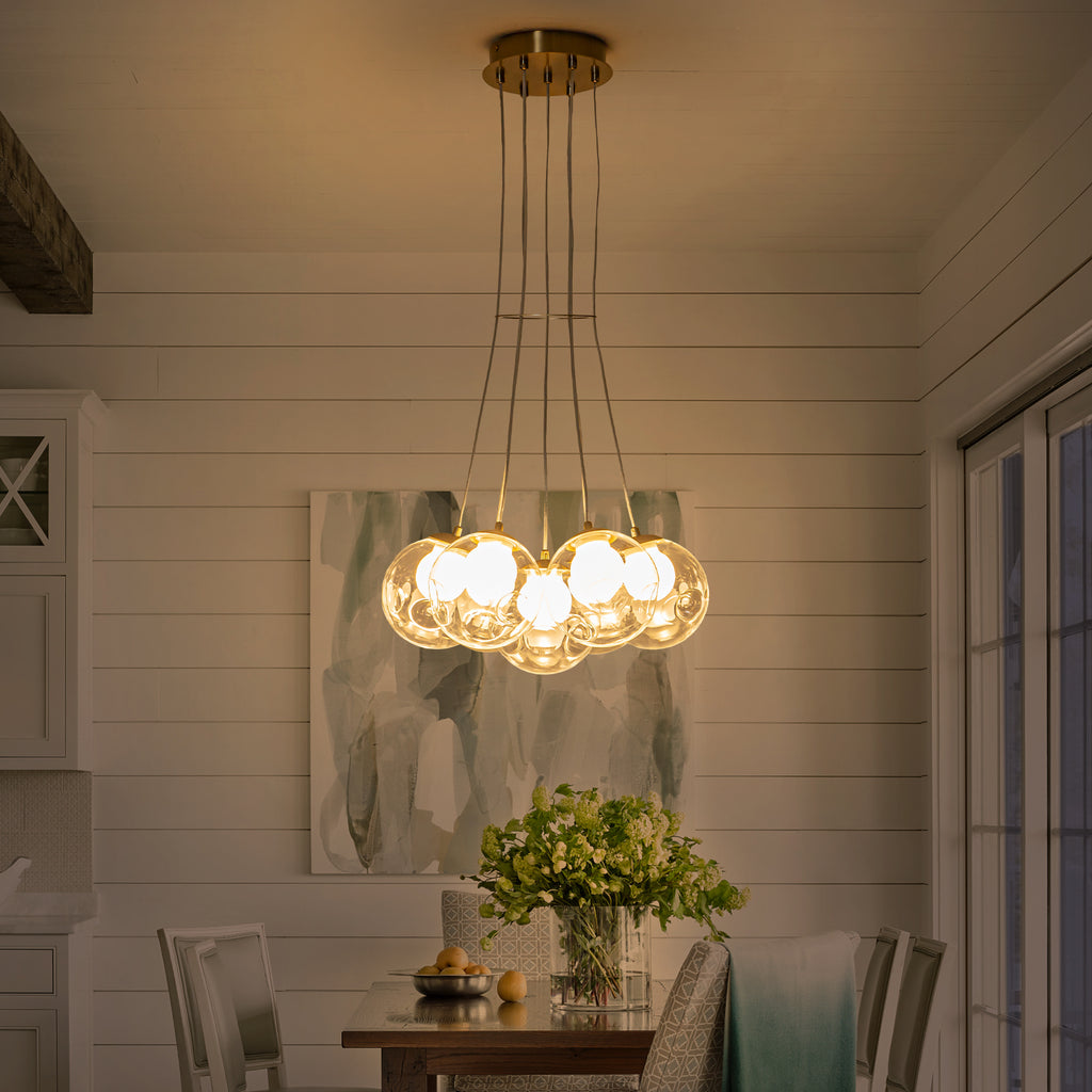 7-Light Modern Gold Sputnik Cluster LED Chandelier with Clear Globe Shades for Living Room