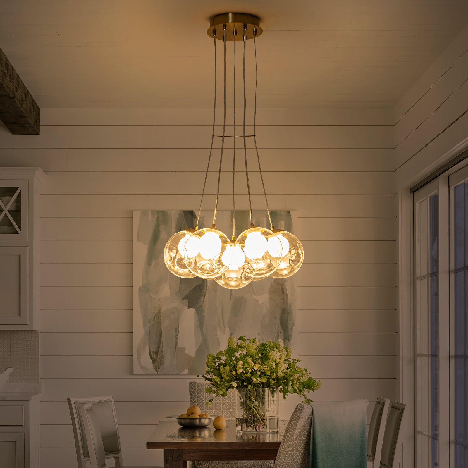 7-Light Modern Gold Sputnik Cluster LED Chandelier with Clear Globe Shades for Living Room