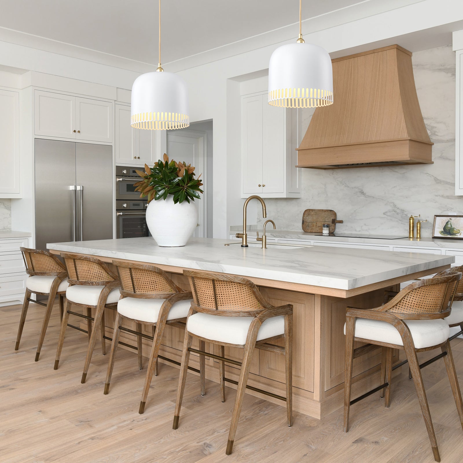 1-Light Gold Iron Semi-Domed Shape Pendant Light with Matte White Metal Shade Hollow Out Design for Living Room