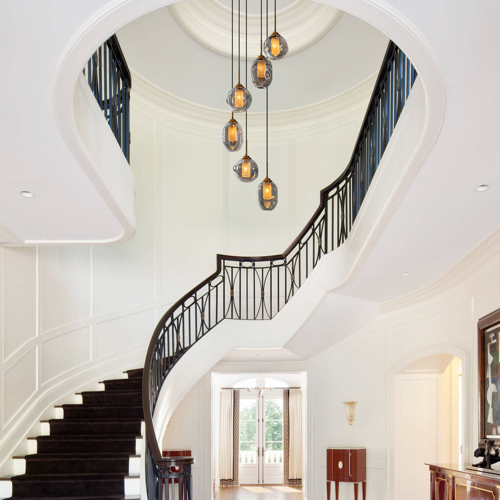 16 in. 6-Light Modern Black Staircase Chandelier Island Pendant Light with Smoky Gray Globe Glass Shade