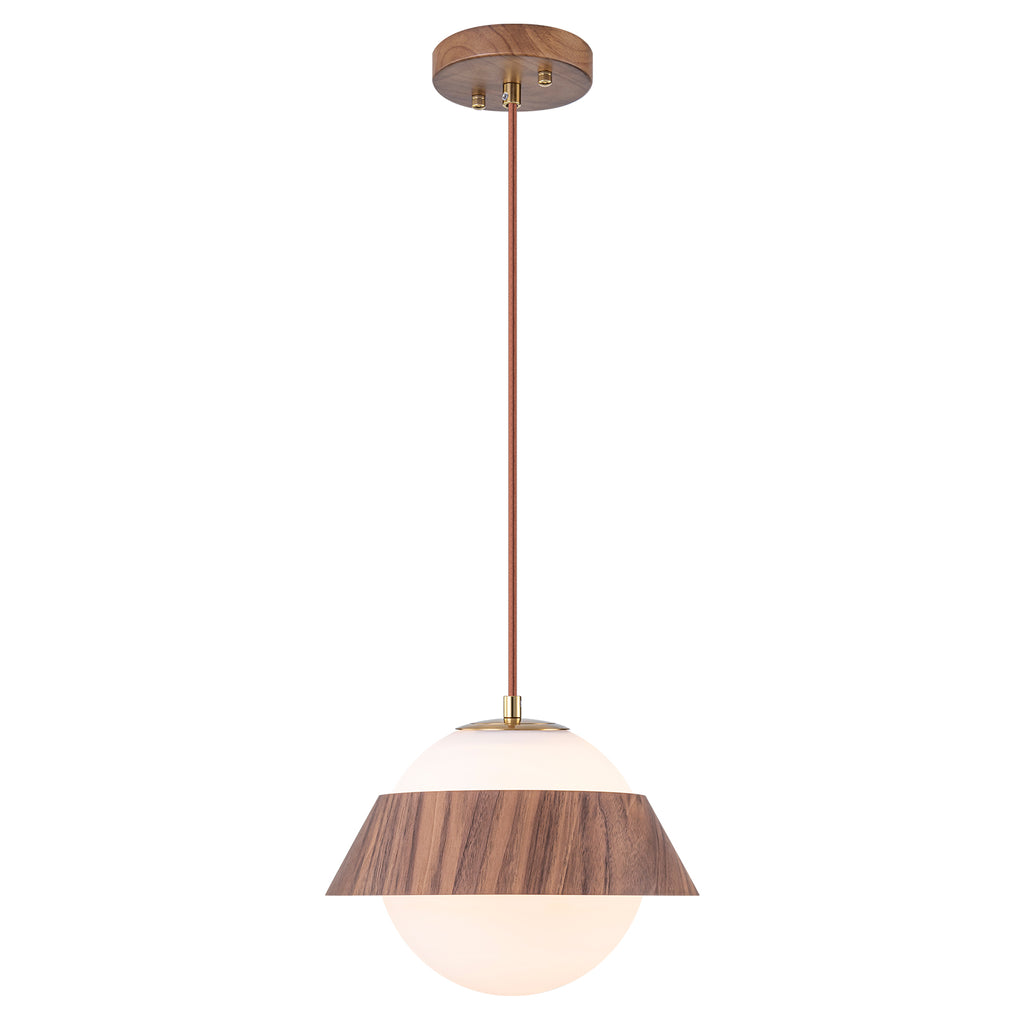 10.63 in. 1-Light Wooden Globe Hanging Pendant Light with White Glass Shade for Kitchen Island, Bedroom