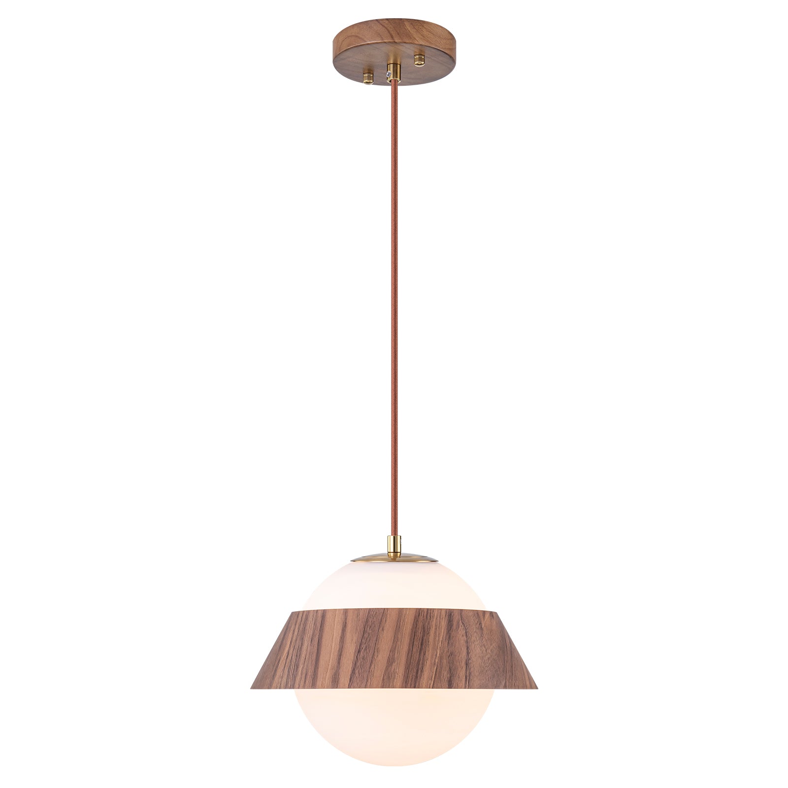 10.63 in. 1-Light Wooden Globe Hanging Pendant Light with White Glass Shade for Kitchen Island, Bedroom