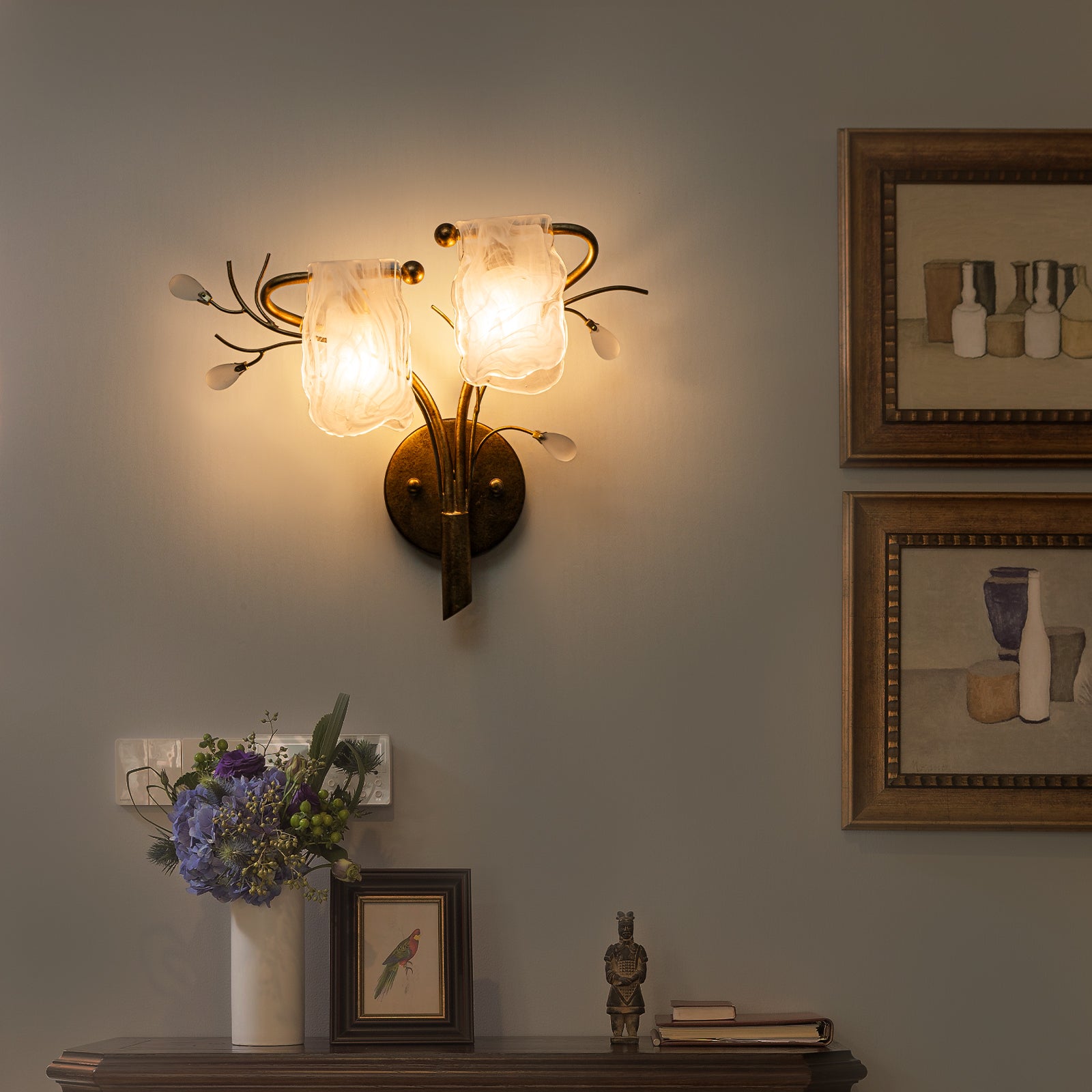 16.14 in. 2-Light Antique Gold Wall Sconce with Clouded Glass Shade, Bedroom Living Room Wall Light