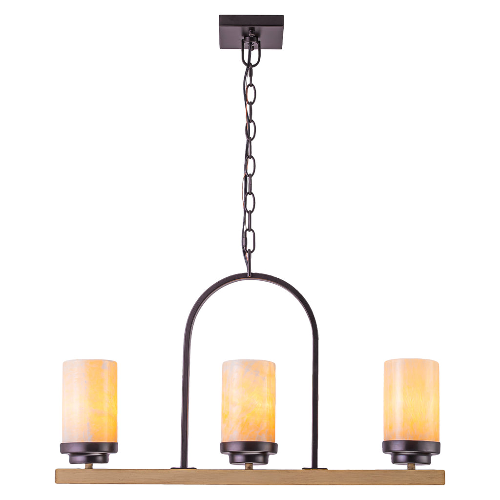 25 in. 3-Light Rustic Industrial Onyx Pendant Light w/Faux Wood Accent & U-Shaped Iron Frame