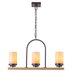 25 in. 3-Light Rustic Industrial Onyx Pendant Light w/Faux Wood Accent & U-Shaped Iron Frame